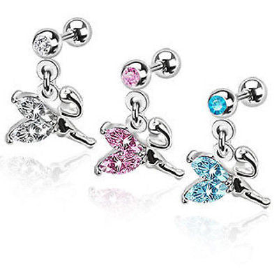 3pcs Gem Stud 16g Ear Tragus Rings w/Fairy Dangle