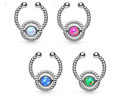 1pc NON-Piercing Silver Roped Circle Design Septum Hanger Opal Gem