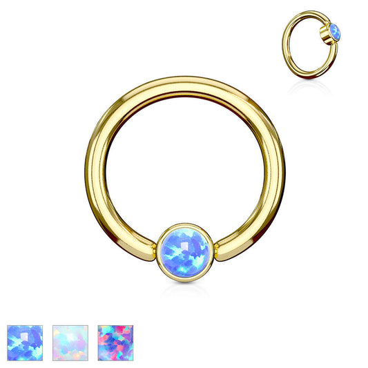 1pc Opal Set Flat-Back Gold Plated Captive Bead Ring