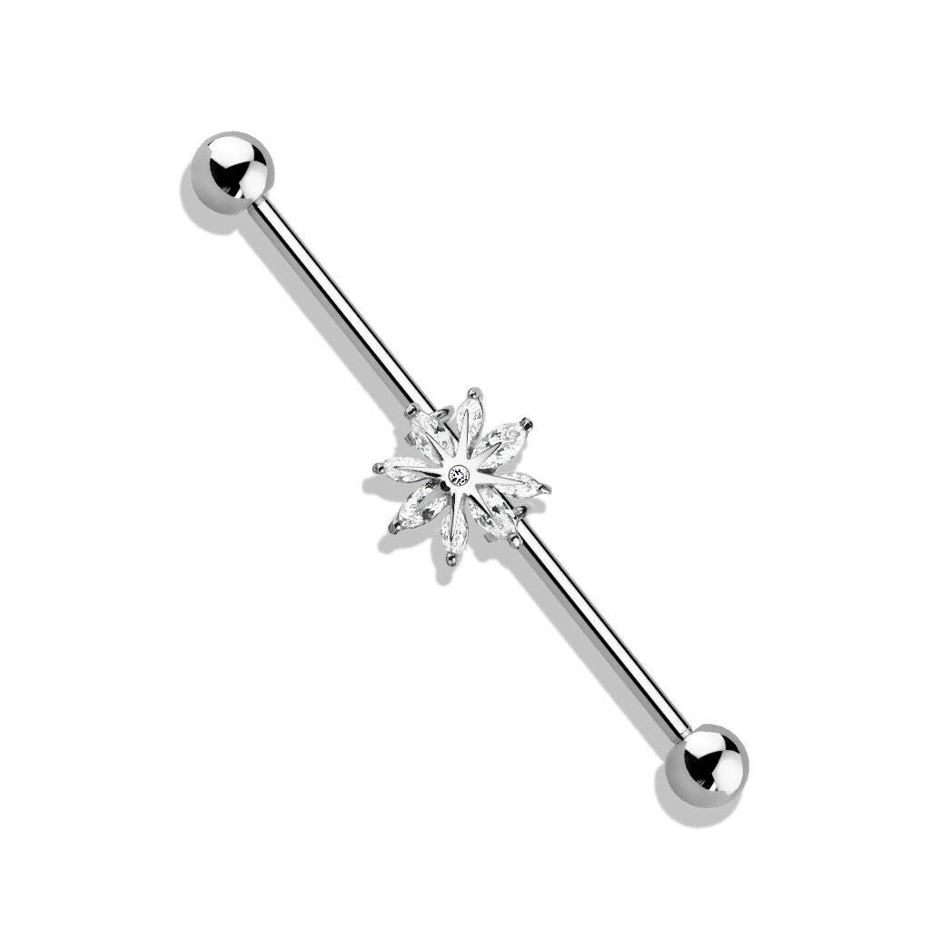 1pc Marquise CZ Gem Snowflake Industrial Barbell 38mm, 1.5", 1 & 1/2 inch inches