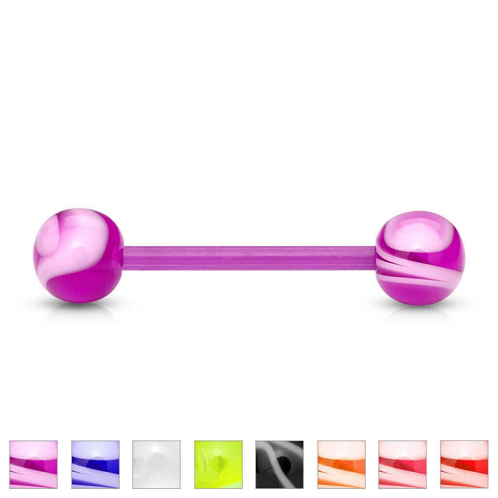 PAIR Flexible Barbell Nipple or Tongue Rings PTFE Marble Marbled NO METAL