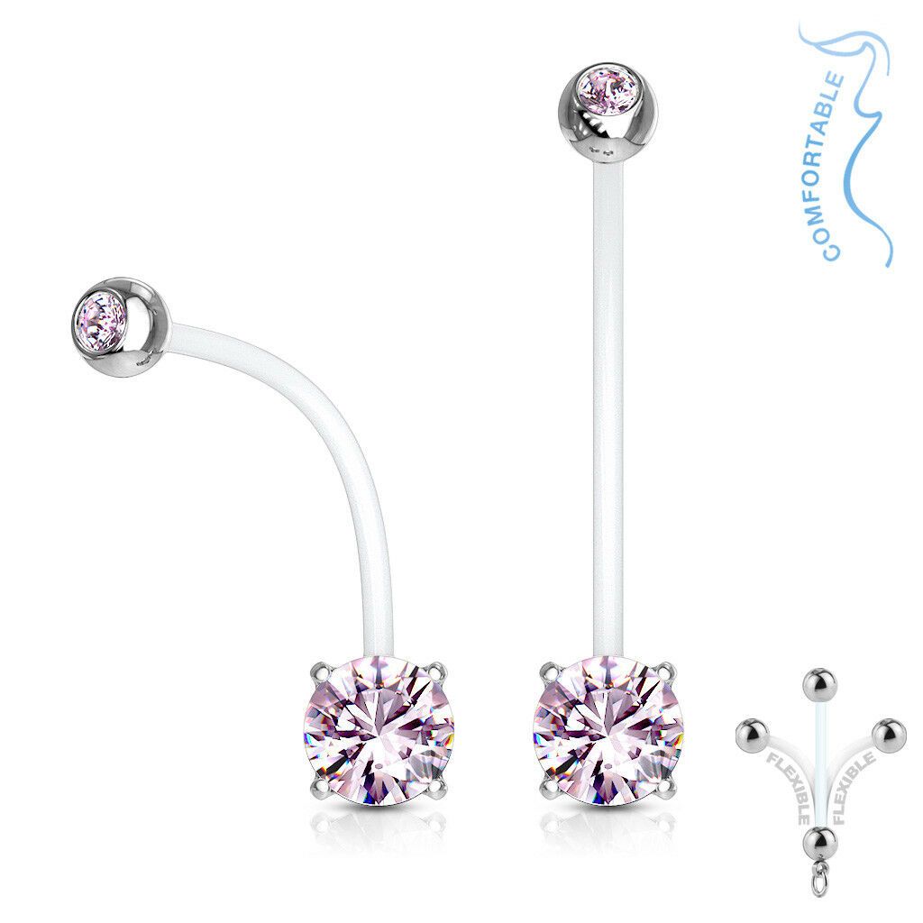 1pc Pregnancy Belly Ring CZ Gem Solitaire 1" Bio Flex Maternity Navel 14g
