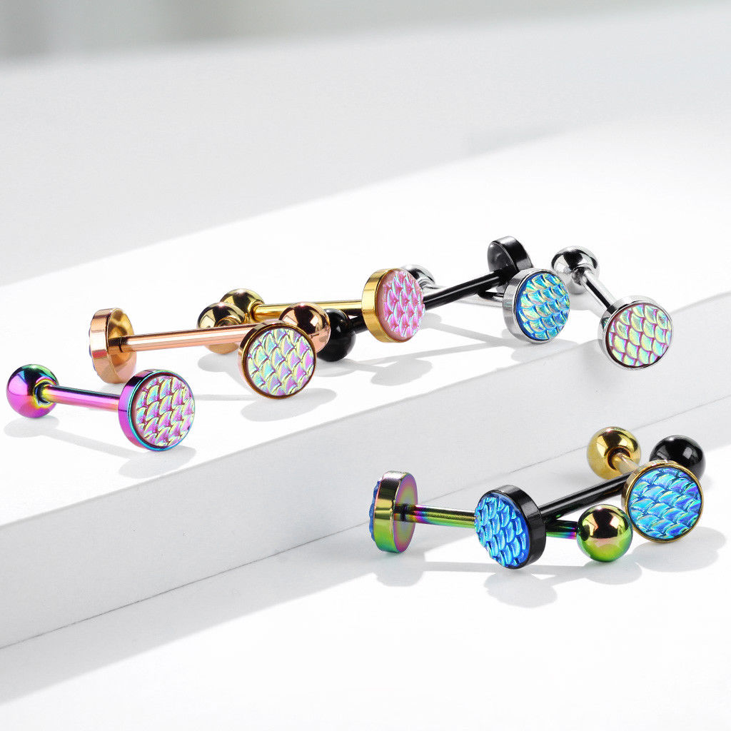 1pc Iridescent Fish Scale Flat Top Tongue Ring Barbells Tounge Body Jewelry