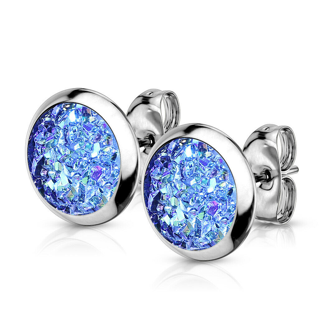 PAIR of Druzy Stone Set Stud Earrings 20g 316L Stainless Steel