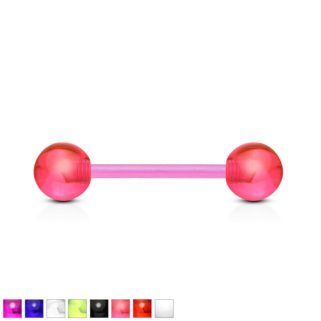 PAIR Flexible Barbell Nipple or Tongue Rings PTFE Transparent Balls NO METAL