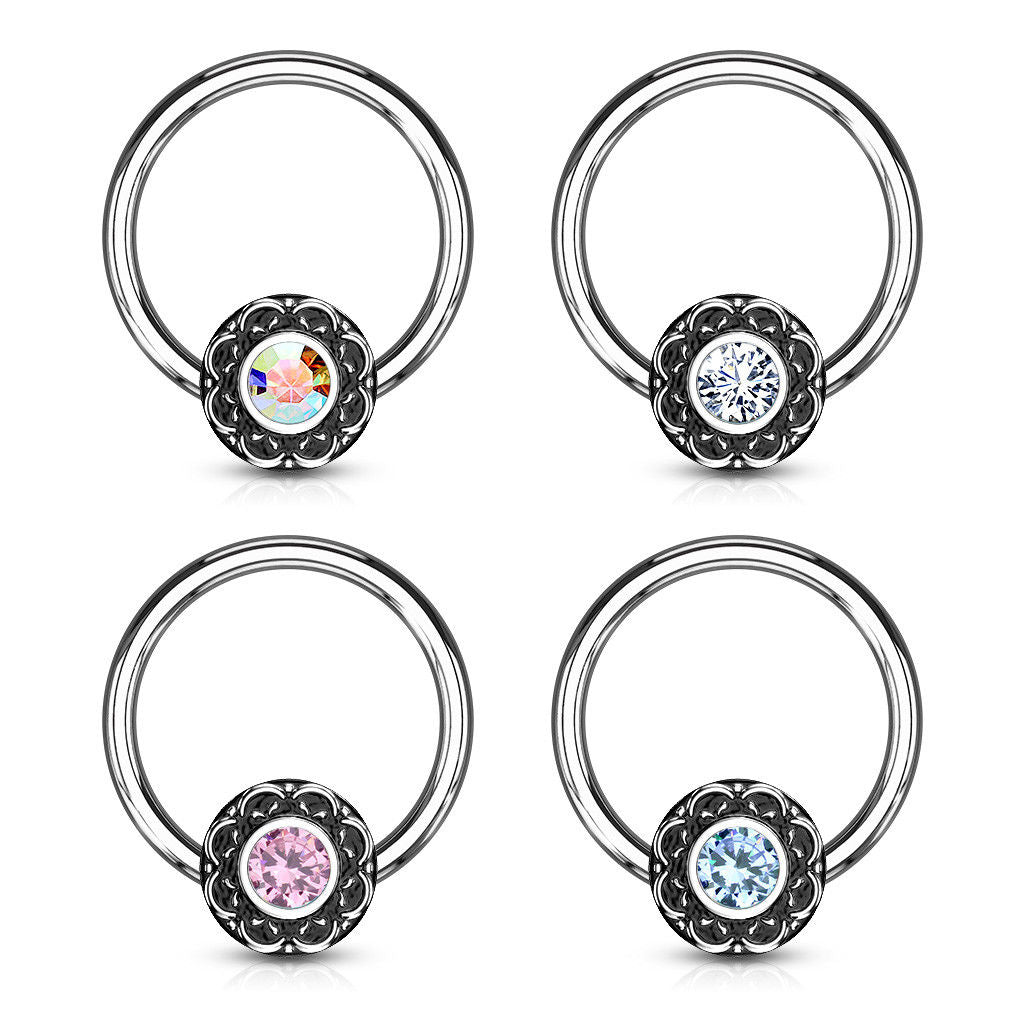 1pc Crystal Centered Filigree Surgical Steel Captive Bead Ring