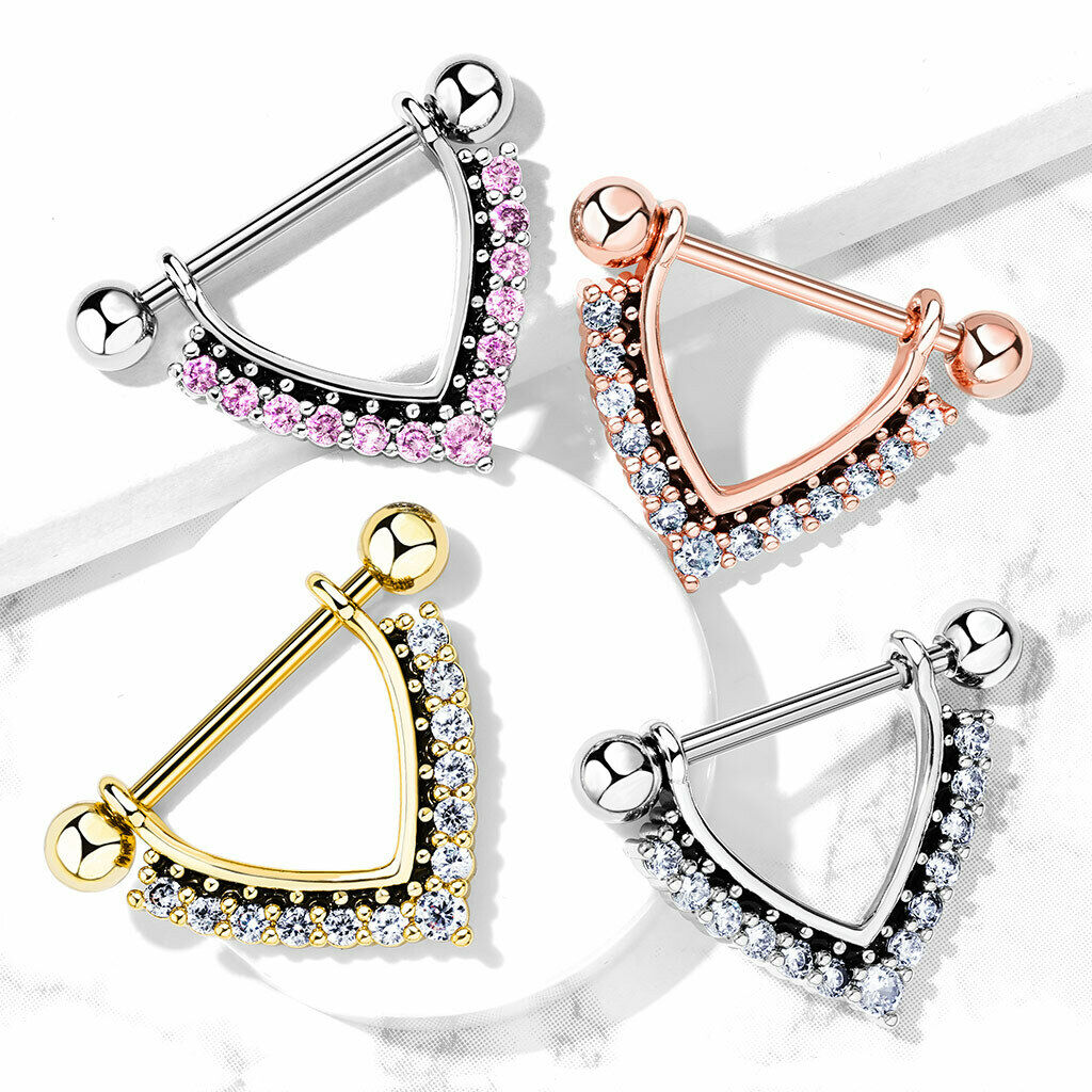 PAIR CZ Gem Paved Black Enamel Dangle Nipple Shields Rings Steel Barbells