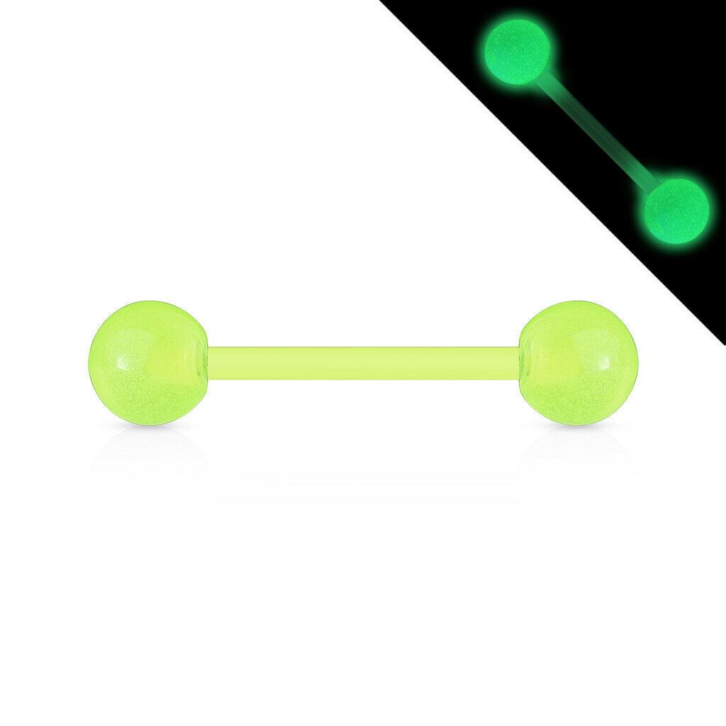 PAIR Flexible Barbell Nipple or Tongue Rings PTFE Glow In The Dark NO METAL