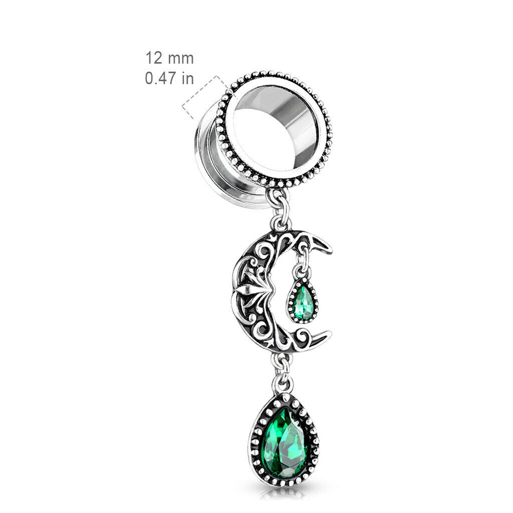 PAIR Emerald Green Stone w/ Moon Dangle Tunnels Screw Fit Plugs Earlets Gauges