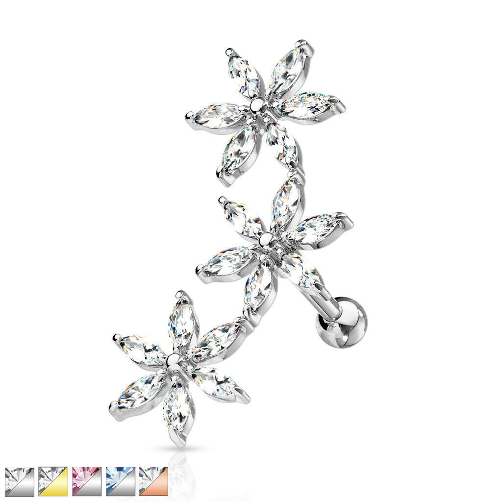1pc Marquise CZ Gem Flowers Curve Helix Barbell Tragus Cartilage Ring 16g 1/4"
