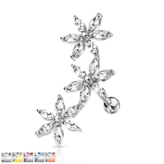 1pc Marquise CZ Gem Flowers Curve Helix Barbell Tragus Cartilage Ring 16g 1/4"