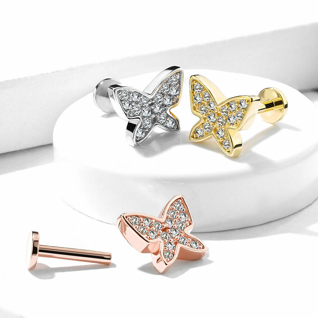 1pc Gem Paved Butterfly Labret 16g Internally Threaded Helix Tragus Cartilage