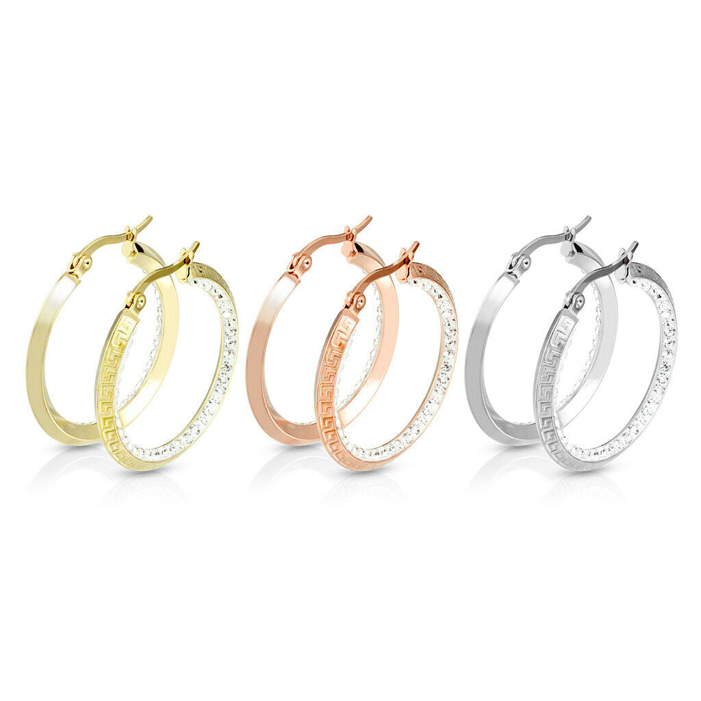 PAIR of Maze Hoop w/ Crystal Gem Paved Inner Edge Earrings 20g Stainless Steel