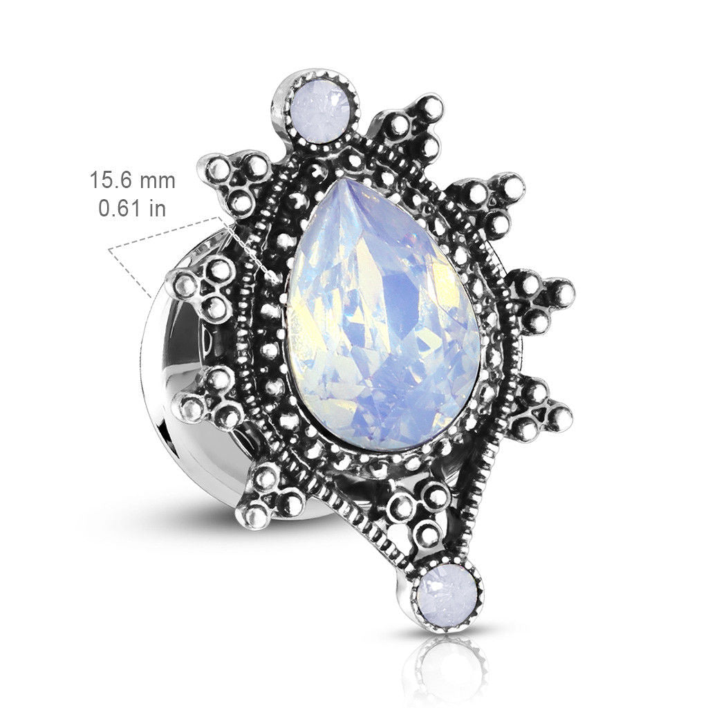 PAIR Faceted Opalite Teardrop Antique Silver Steel Tunnels Plugs
