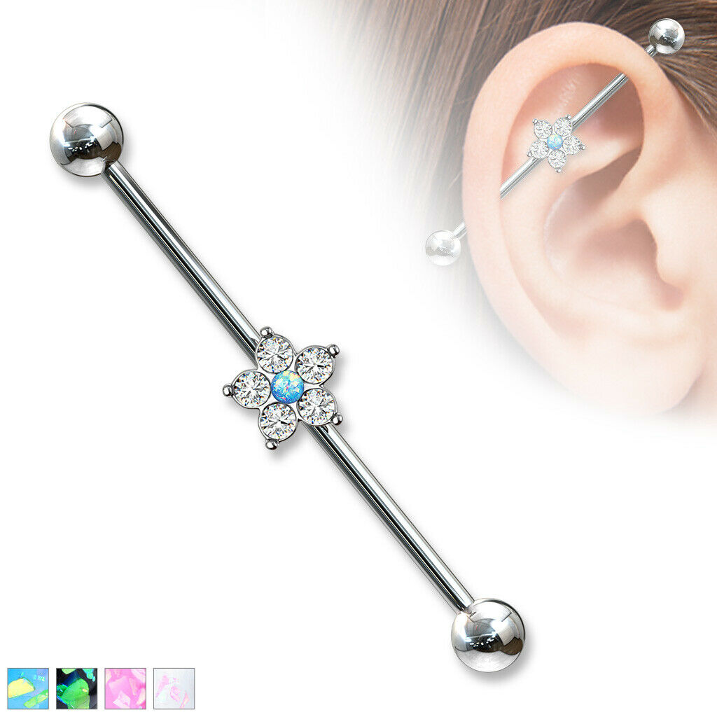 1pc Opal Glitter Centered CZ Gem Flower Industrial Barbell 14g 1.5"