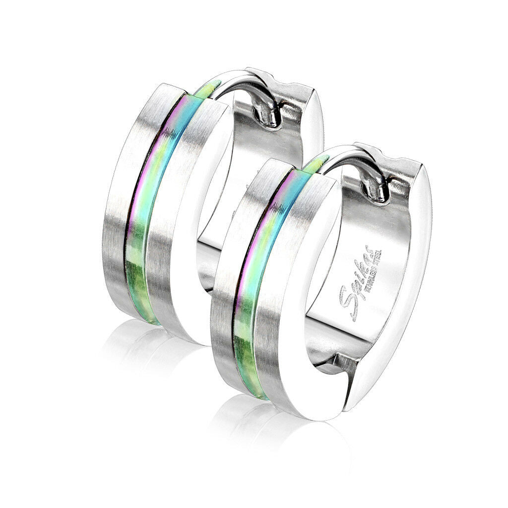 PAIR Small Hoop Huggie Earrings PVD Color Stripe Stainless Steel 20g Men / Women