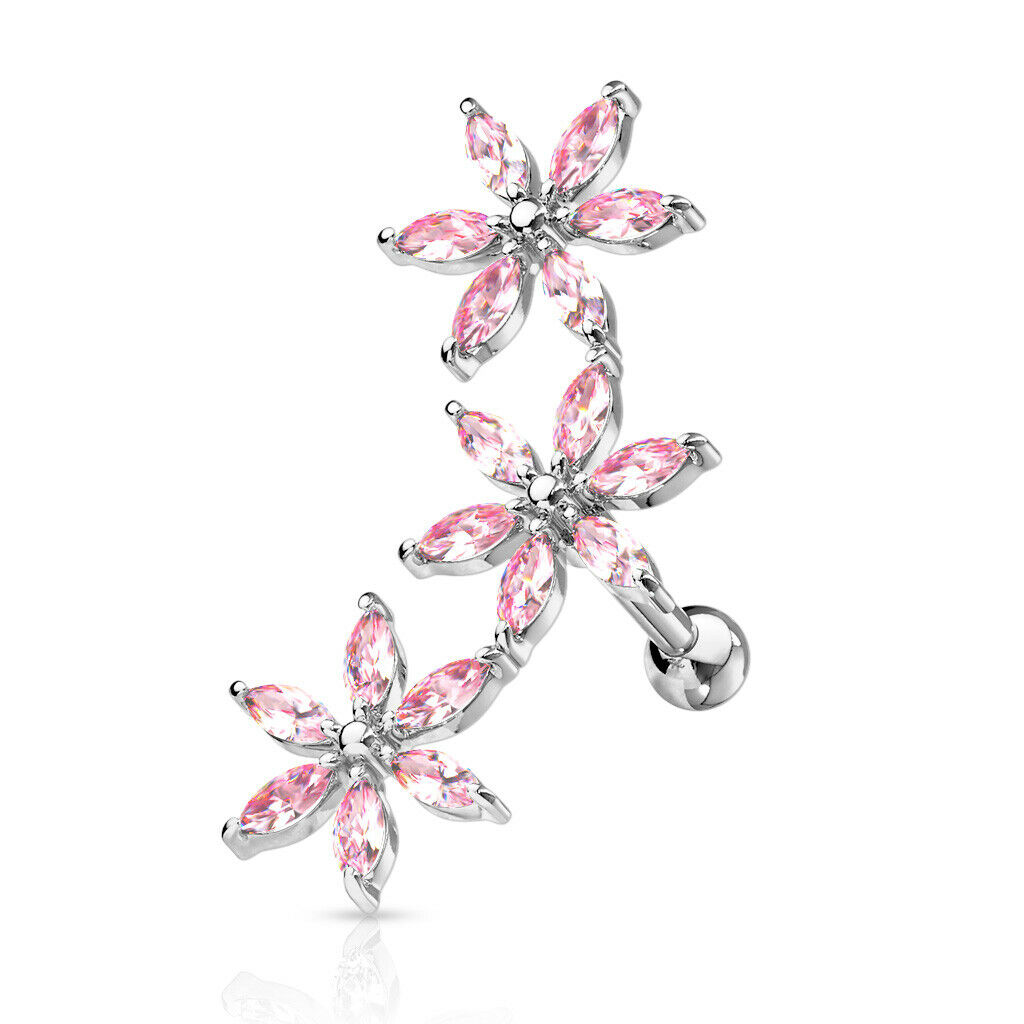 1pc Marquise CZ Gem Flowers Curve Helix Barbell Tragus Cartilage Ring 16g 1/4"