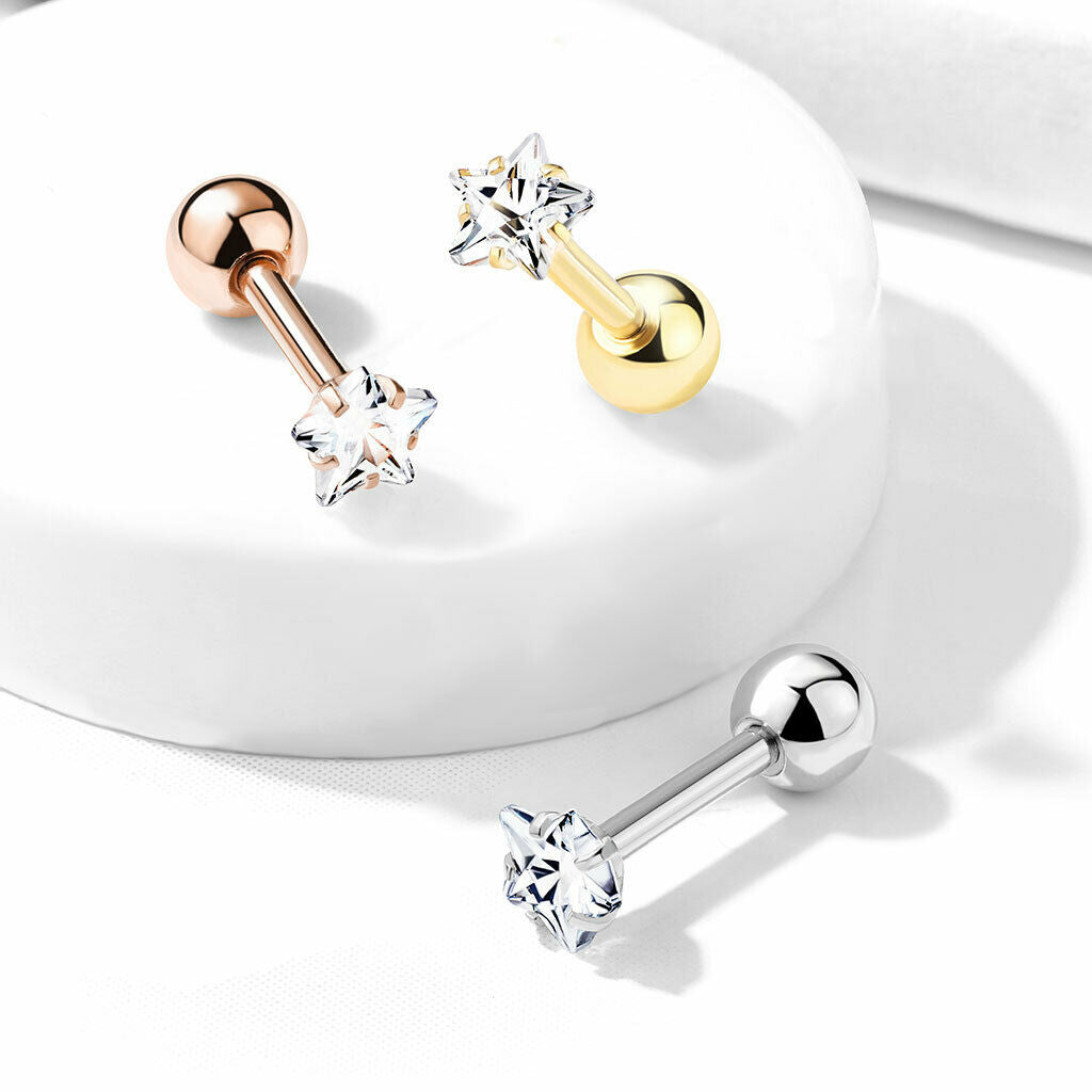1pc Star CZ Gem Ion Plated Tragus Stud Helix Cartilage Ring Earring 1/4" 16g
