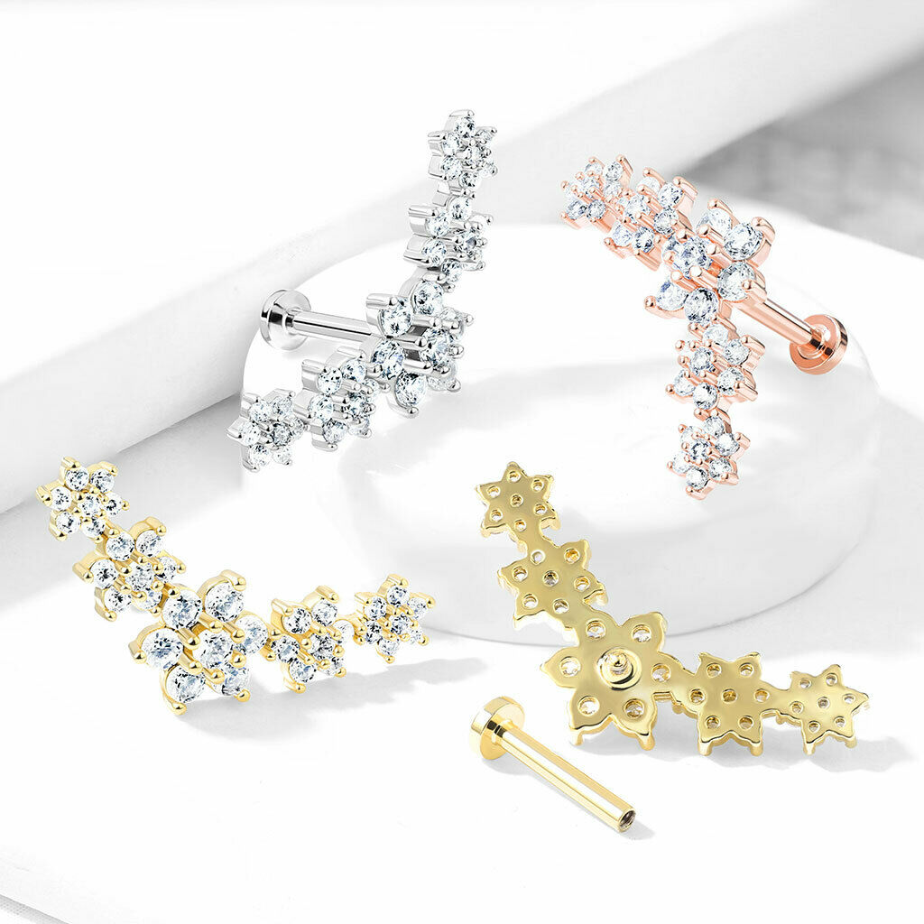1pc Five CZ Gem Flowers 16g Labret Internally Threaded Steel Monroe Tragus Helix