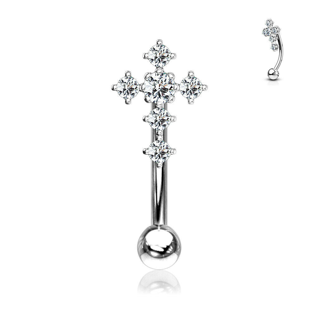 1pc CZ Gem Paved Cross Eyebrow Ring 16g Curved Barbell 16 Gauge