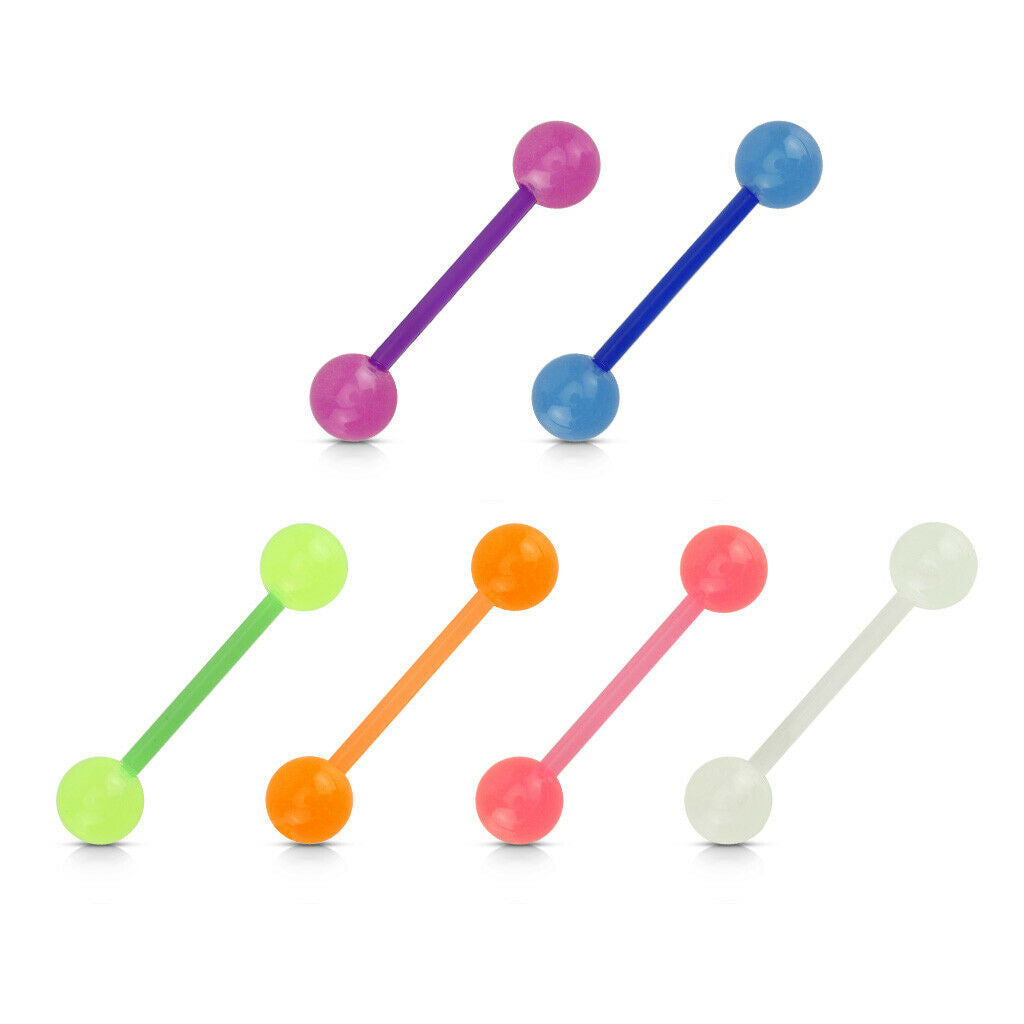 6pc Value Pack Glow in the Dark Tongue Rings 14g Tounge Body Jewelry No Metal