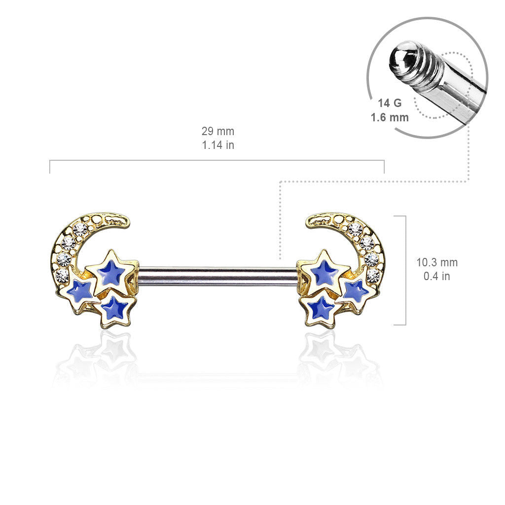 PAIR CZ Crescent Moon w/ Blue Stars Nipple Rings