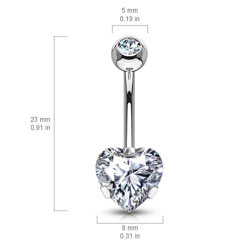 1pc Prong Set 8mm CZ Gem Heart Belly Ring Pierced Navel Naval