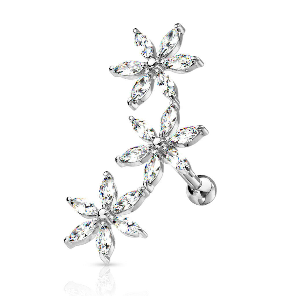 1pc Marquise CZ Gem Flowers Curve Helix Barbell Tragus Cartilage Ring 16g 1/4"