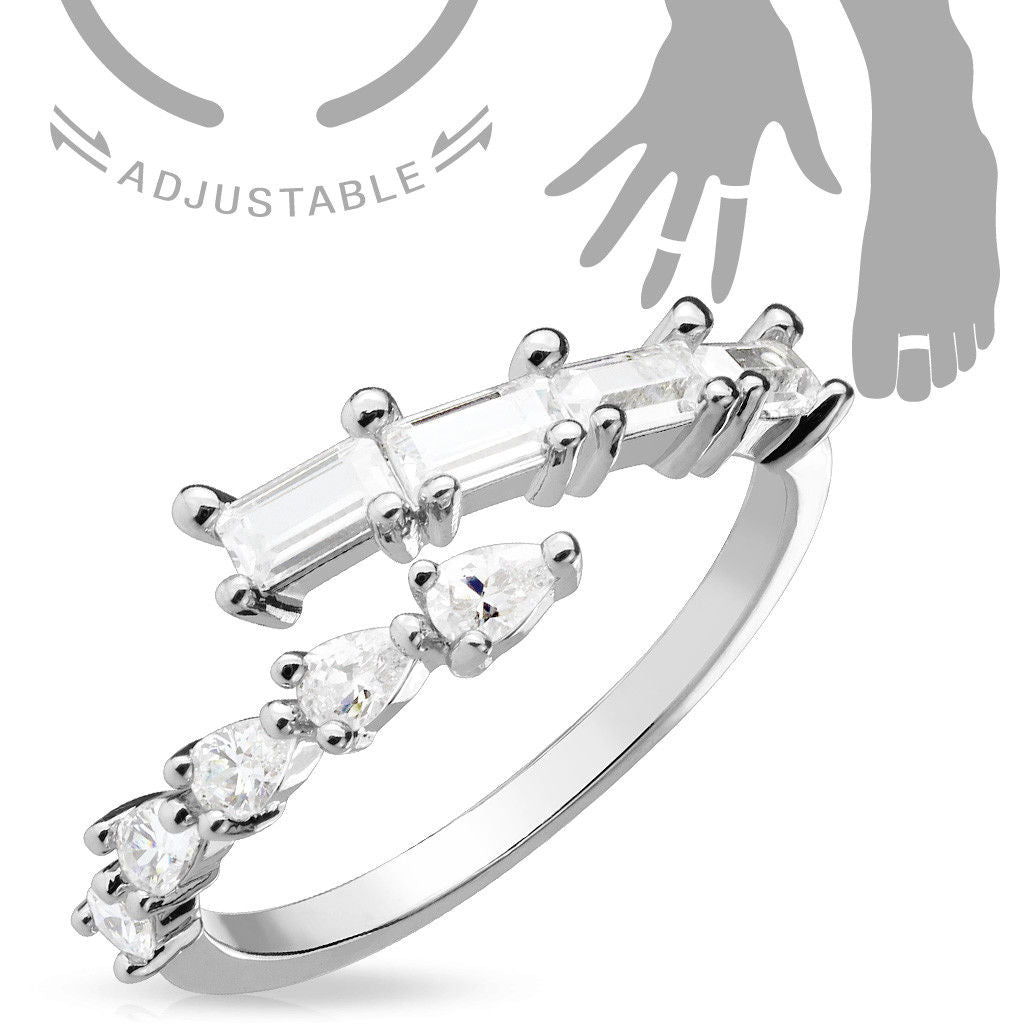 Princess and Pear Cut Crossing CZ Gems Adjustable Nail Ring / Toe Ring