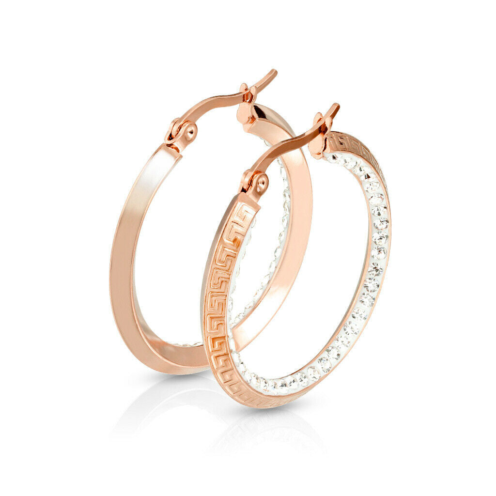 PAIR of Maze Hoop w/ Crystal Gem Paved Inner Edge Earrings 20g Stainless Steel