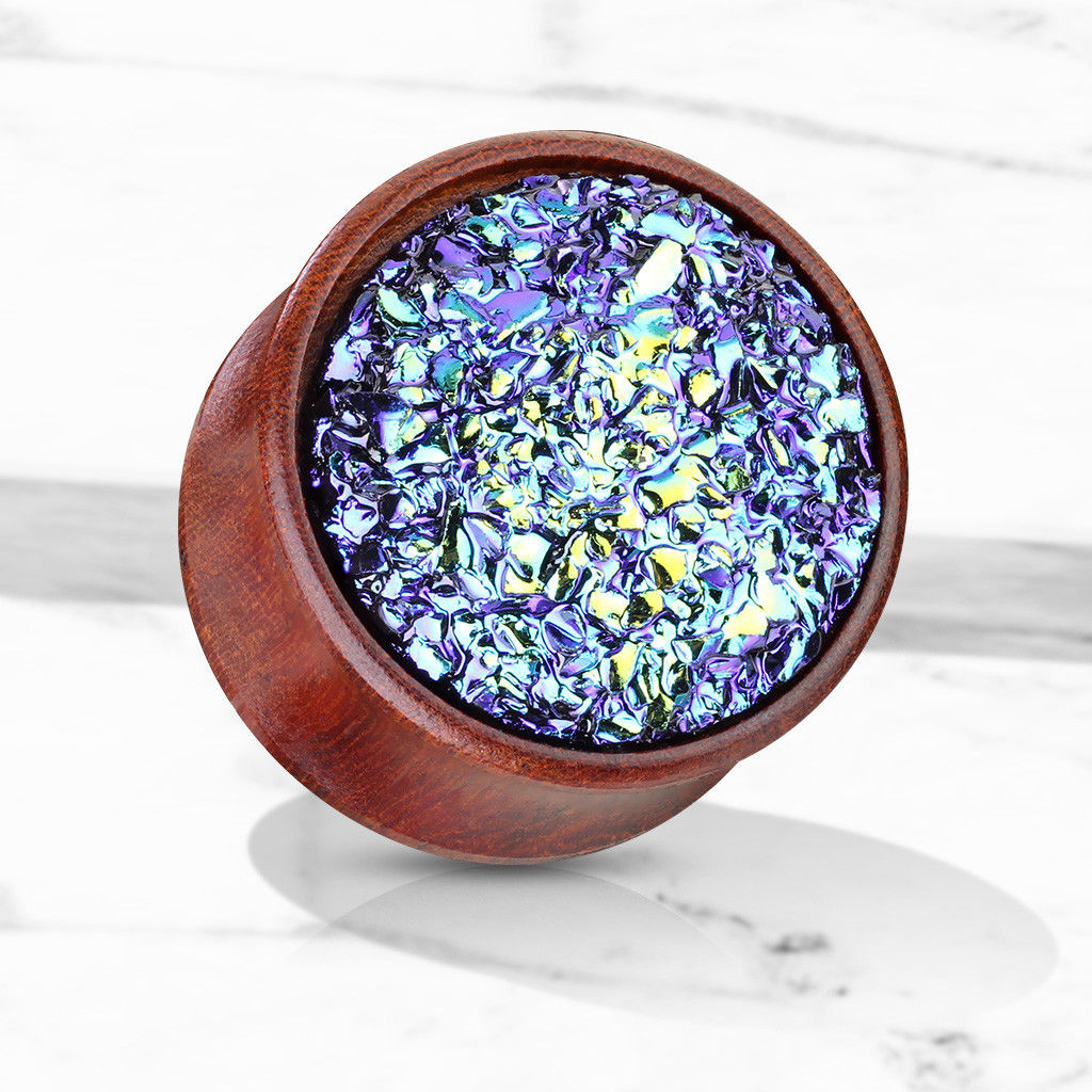 PAIR Rough Blue Druzy Stone Sono Wood Plugs
