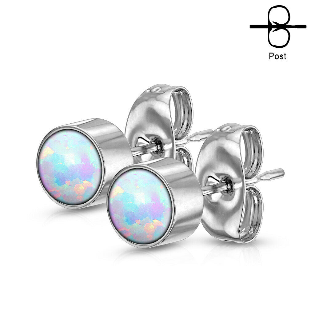 PAIR of Round Opal Bezel Set Earrings 20g 316L Stainless Steel