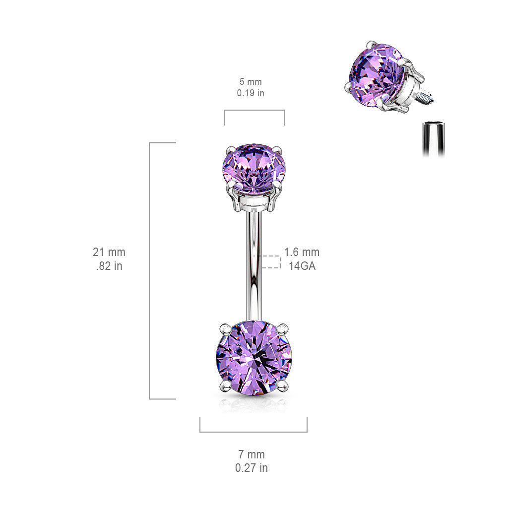 Internally Threaded Steel Prong Set CZ Gems Belly Ring Pierced Navel Naval