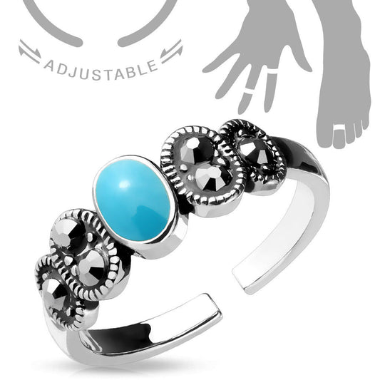Turquoise & Black Crystal Adjustable Mid Ring / Toe Ring