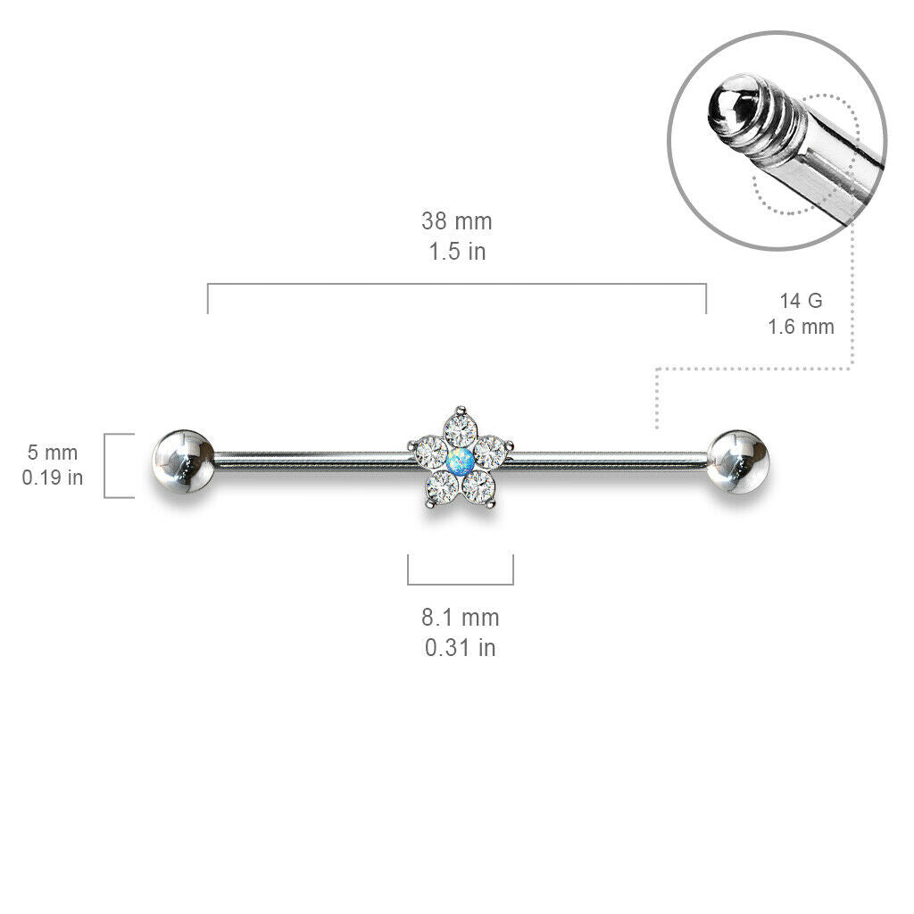 1pc Opal Glitter Centered CZ Gem Flower Industrial Barbell 14g 1.5"