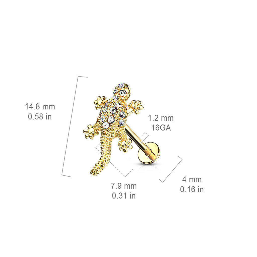 1pc CZ Paved Lizard 16g Labret Internally Threaded Steel Monroe Tragus Helix