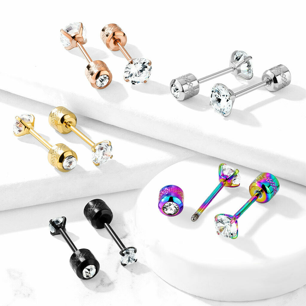 PAIR Prong Set CZ Gem Stud Gold Earrings w/ Gem Centered Screw Back Steel
