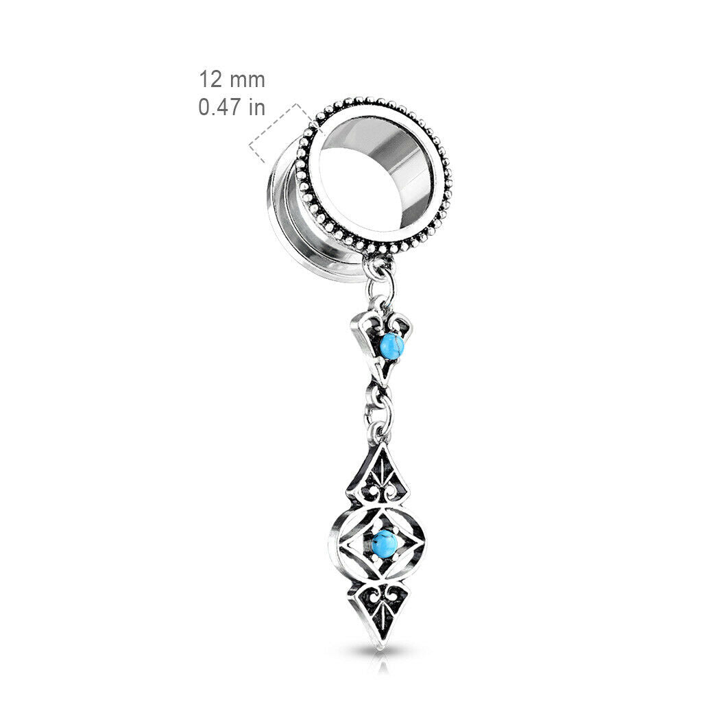 PAIR Turquoise Tribal Charms Dangle Tunnels Screw Fit Plugs Earlets Gauges
