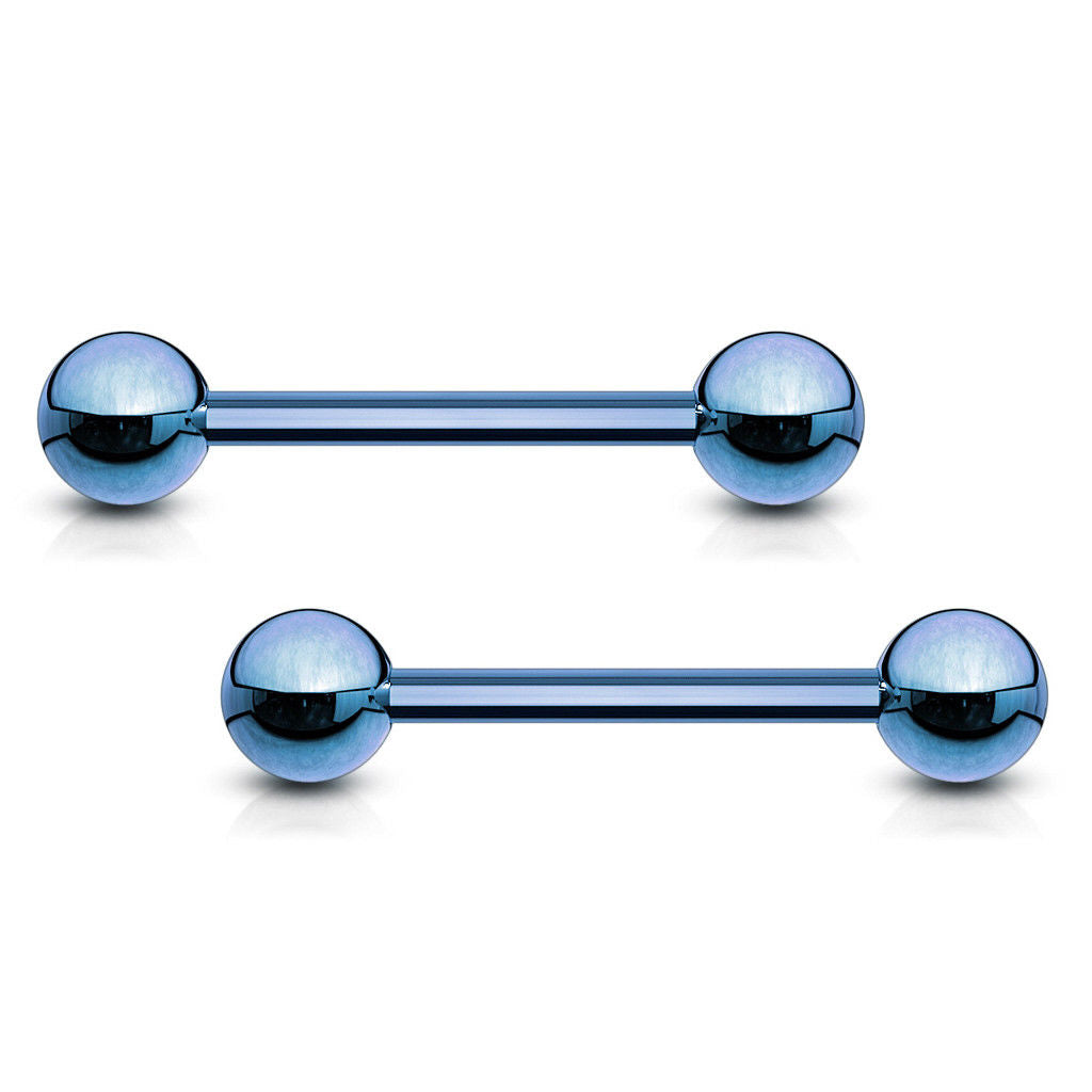 PAIR Blue Titanium Nipple Barbells Tongue Rings 14g - choose your length