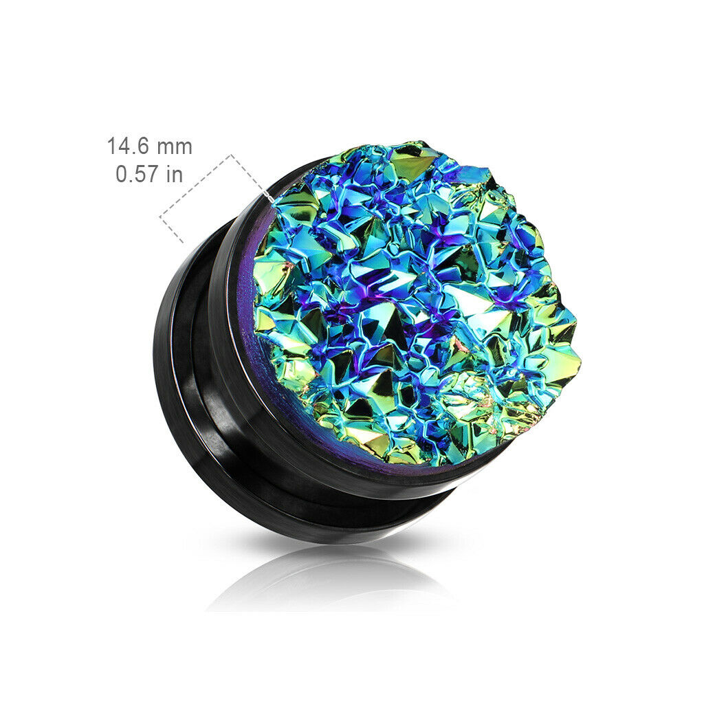 PAIR Synthetic Blue Druzy Stone Screw Fit Tunnels Plugs Gauges Body Jewelry