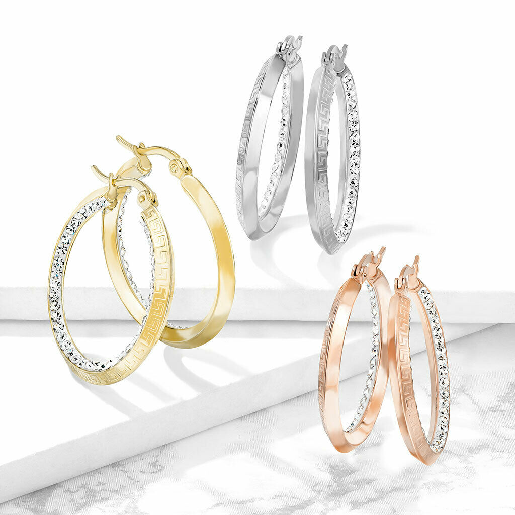 PAIR of Maze Hoop w/ Crystal Gem Paved Inner Edge Earrings 20g Stainless Steel