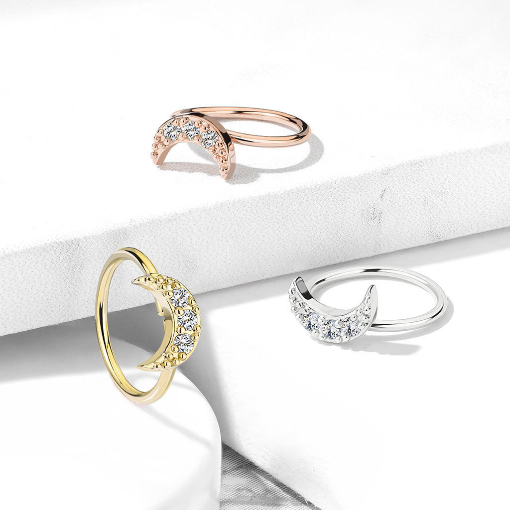 1pc Bendable Hoop / Cartilage Ring CZ Gem Crescent Moon for Nose, Rook, Daith