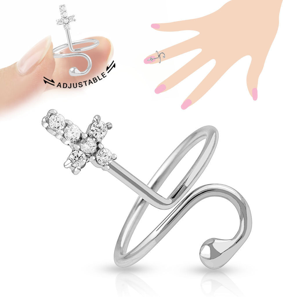 Cross Multi-Paved CZ Gems Adjustable Nail Ring / Toe Ring