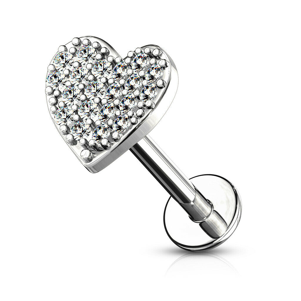 1pc CZ Paved Heart 16g Labret Internally Threaded Steel Monroe Tragus Helix