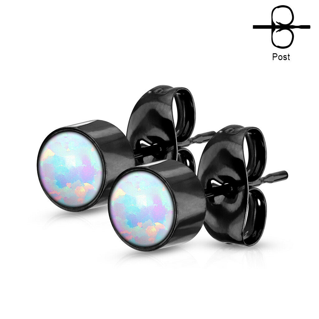 PAIR of Round Opal Bezel Set Earrings 20g 316L Stainless Steel