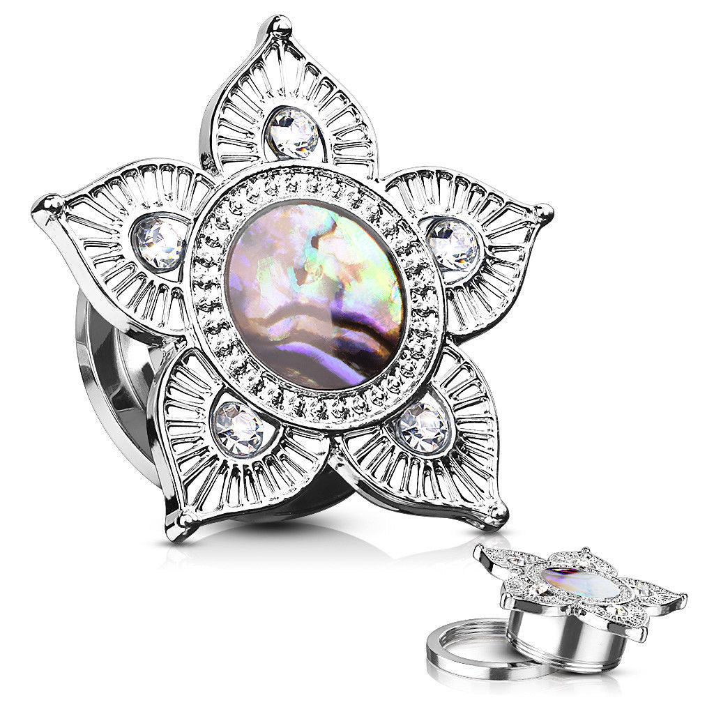 PAIR Abalone Centered Tribal Flower Screw Fit Tunnels Plugs