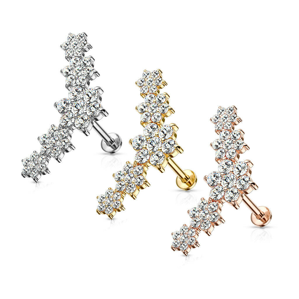 1pc Five CZ Gem Flowers 16g Labret Internally Threaded Steel Monroe Tragus Helix