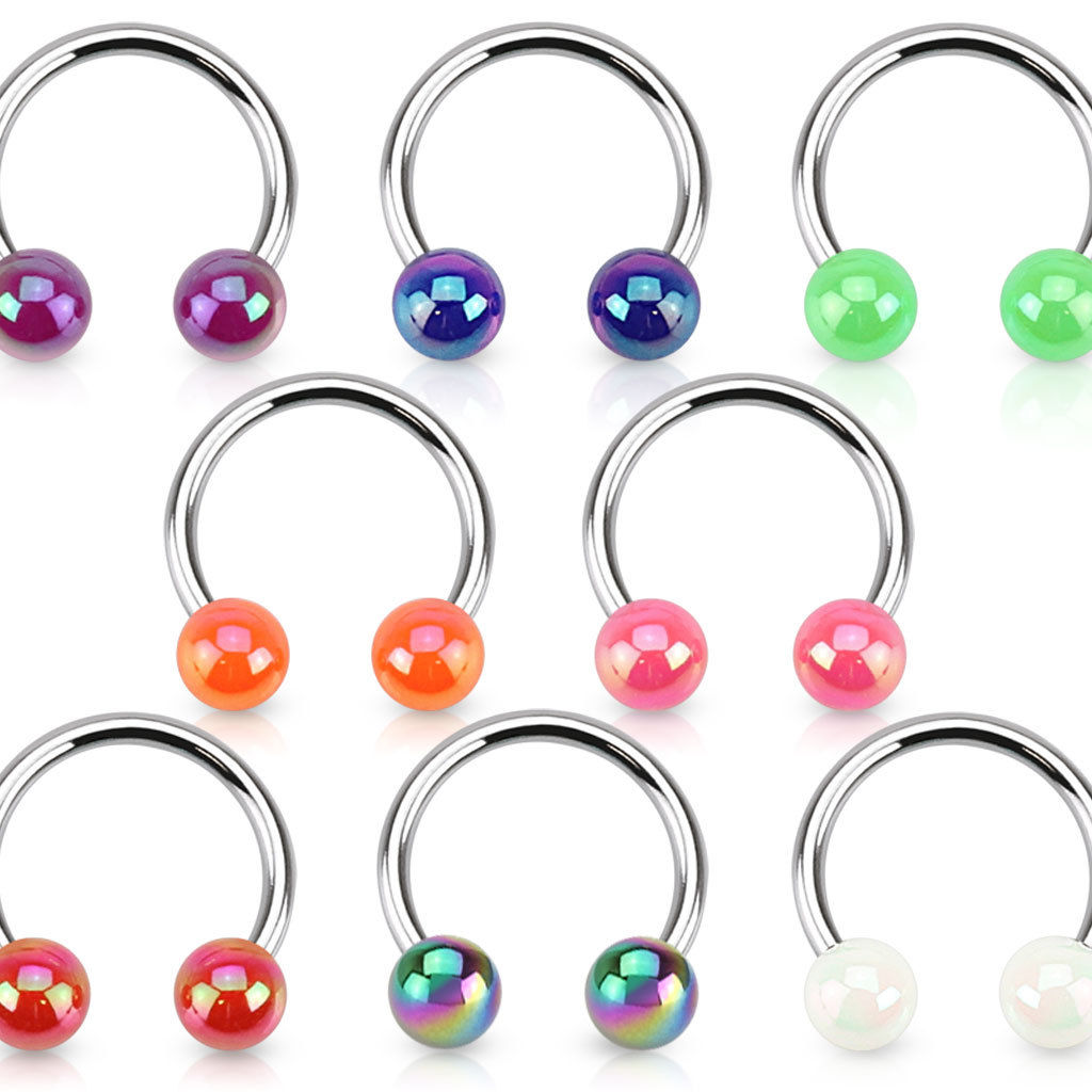 PAIR Aurora Borealis Coated Circular Barbell Horseshoes Lip Nipple Septum Rings