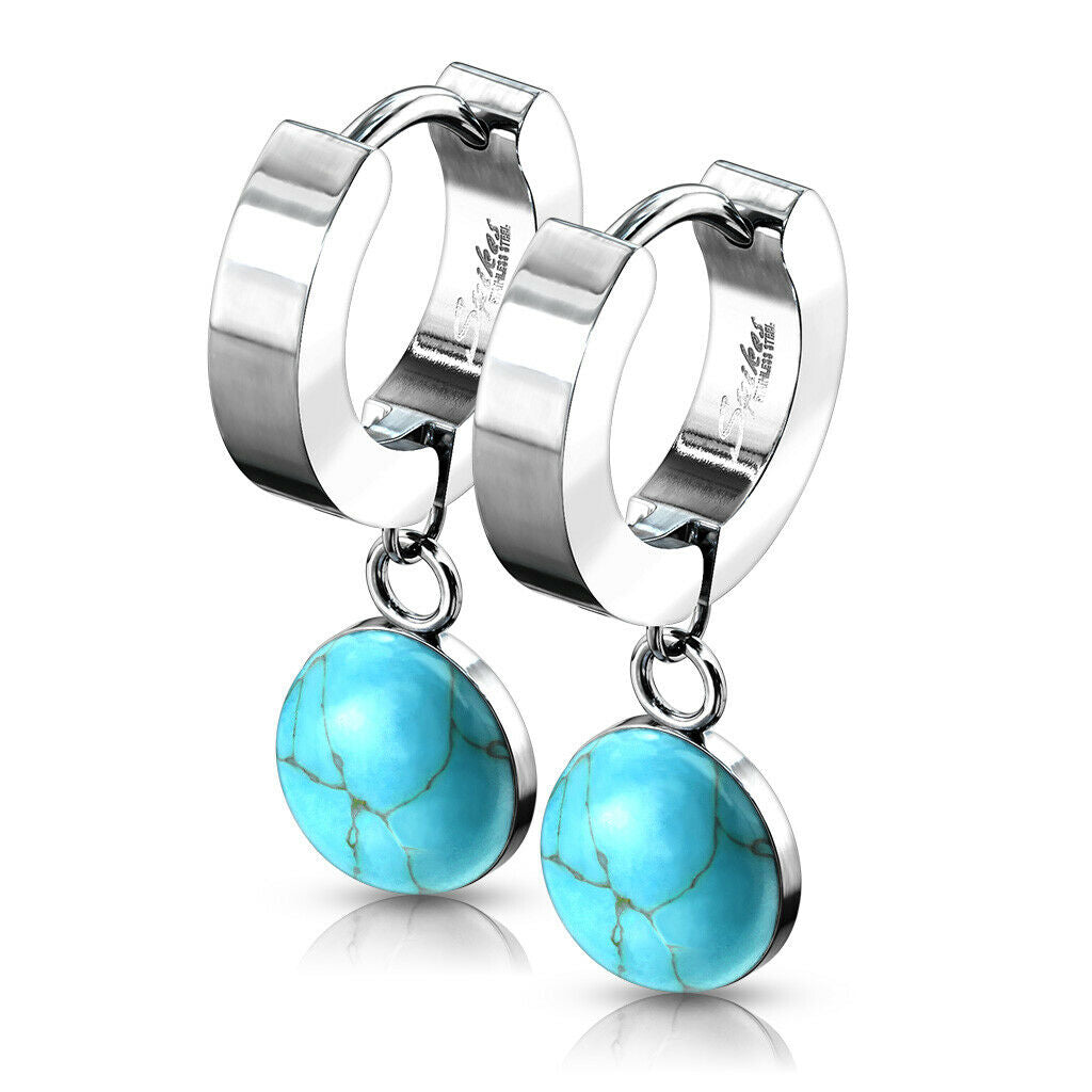 PAIR of Hinged Hoop Earrings Semi-Precious Stone Dangle 20g 316L Stainless Steel