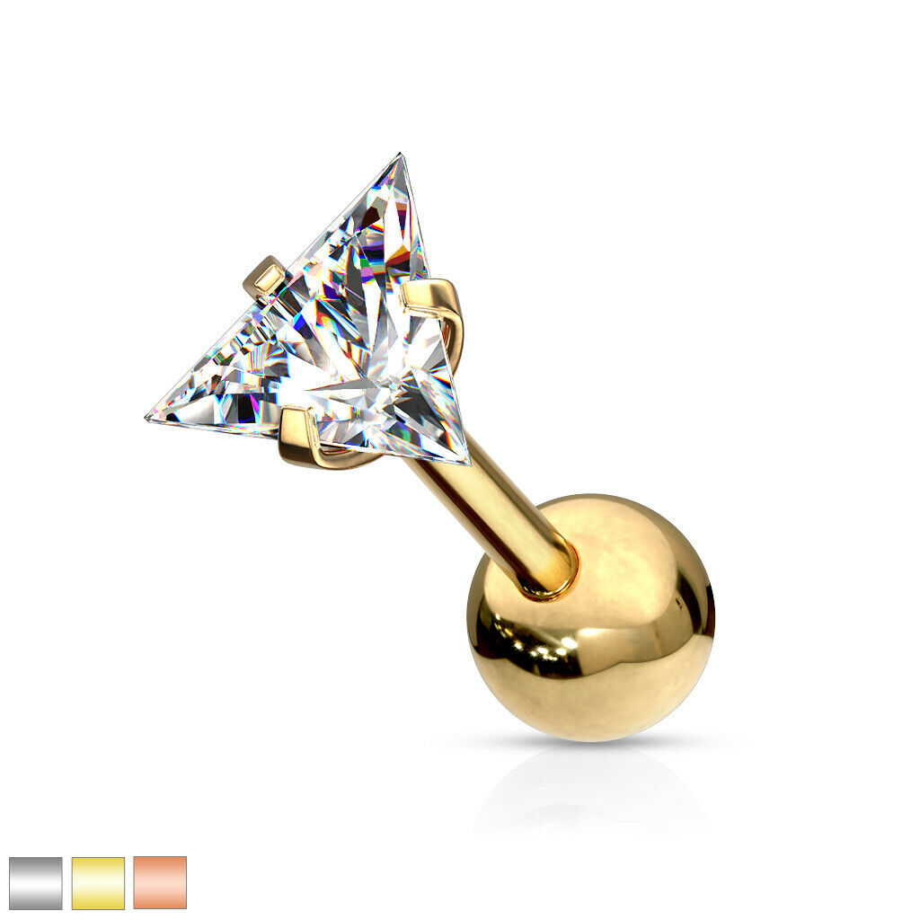 1pc Triangle CZ Gem Ion Plated Tragus Stud Helix Cartilage Ring Earring 16g 1/4"